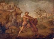 unknow artist, Hercules and the Nemean Lion, oil on panel painting attributed to Jacopo Torni